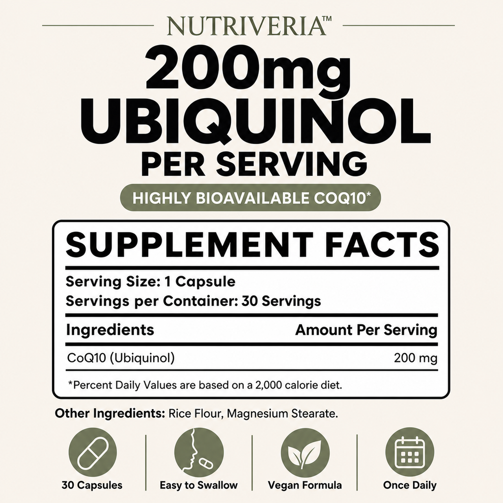 Nutriveria Vegan Ubiquinol CoQ10 200mg – 30 Capsules, 30 Servings, Highly Bioavailable Coenzyme Q10 Dietary Supplement