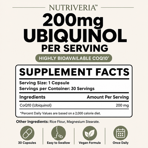 Nutriveria Vegan Ubiquinol CoQ10 200mg – 30 Capsules, 30 Servings, Highly Bioavailable Coenzyme Q10 Dietary Supplement