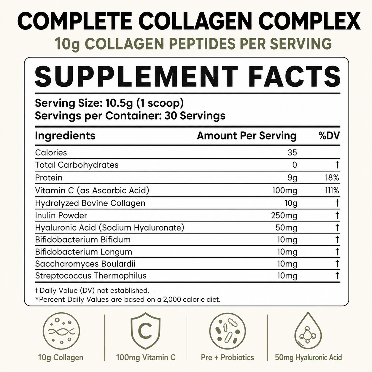 Collagen Peptides Powder, 10g Per Serving, Hyaluronic Acid, Vitamin C, Prebiotics & Probiotic Ingredients, 30 Servings, Skin, Hair, Nails & Joint Support