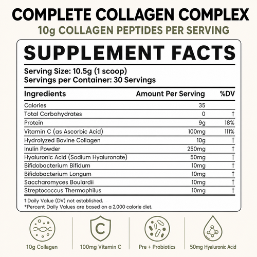 Collagen Peptides Powder, 10g Per Serving, Hyaluronic Acid, Vitamin C, Prebiotics & Probiotic Ingredients, 30 Servings, Skin, Hair, Nails & Joint Support