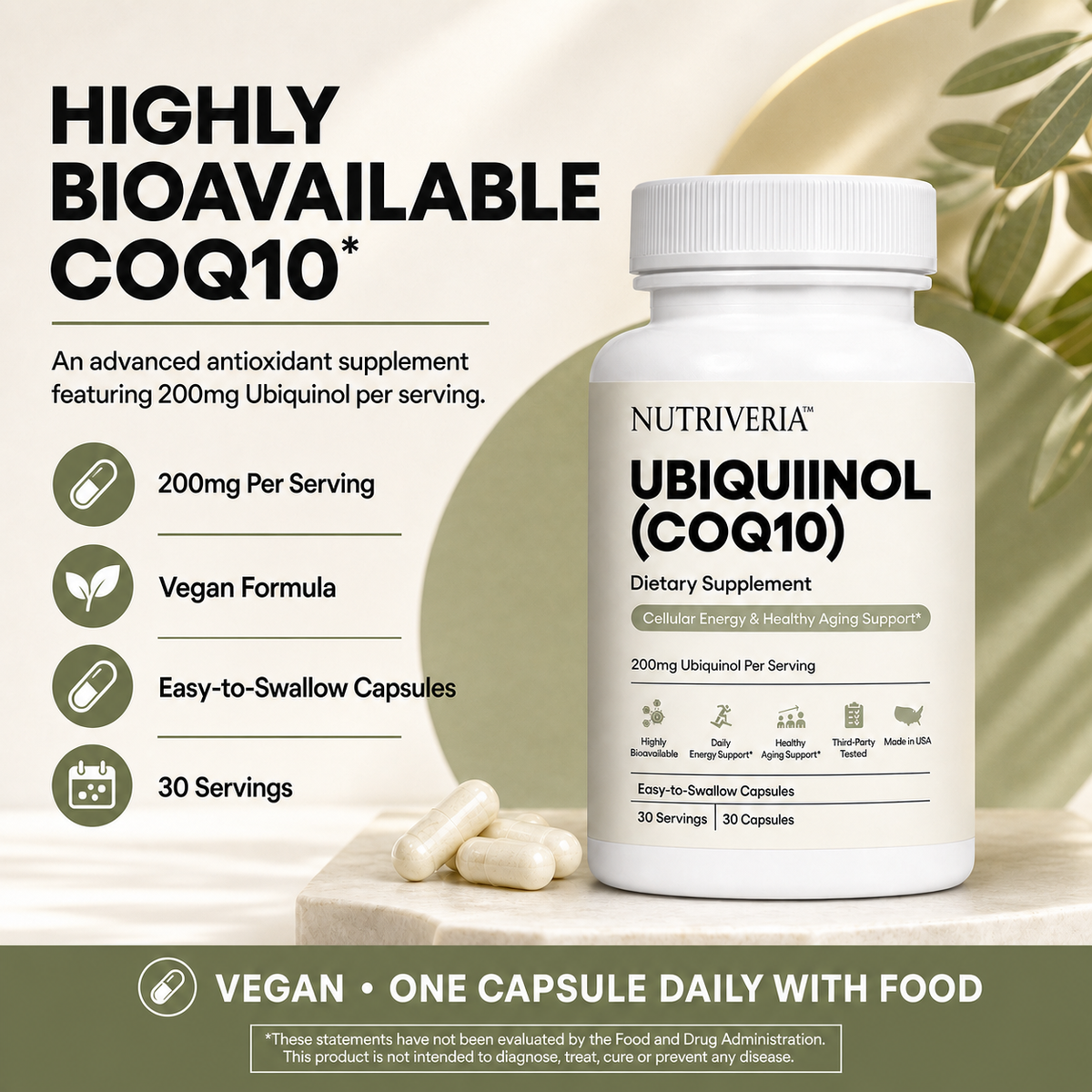 Nutriveria Vegan Ubiquinol CoQ10 200mg – 30 Capsules, 30 Servings, Highly Bioavailable Coenzyme Q10 Dietary Supplement