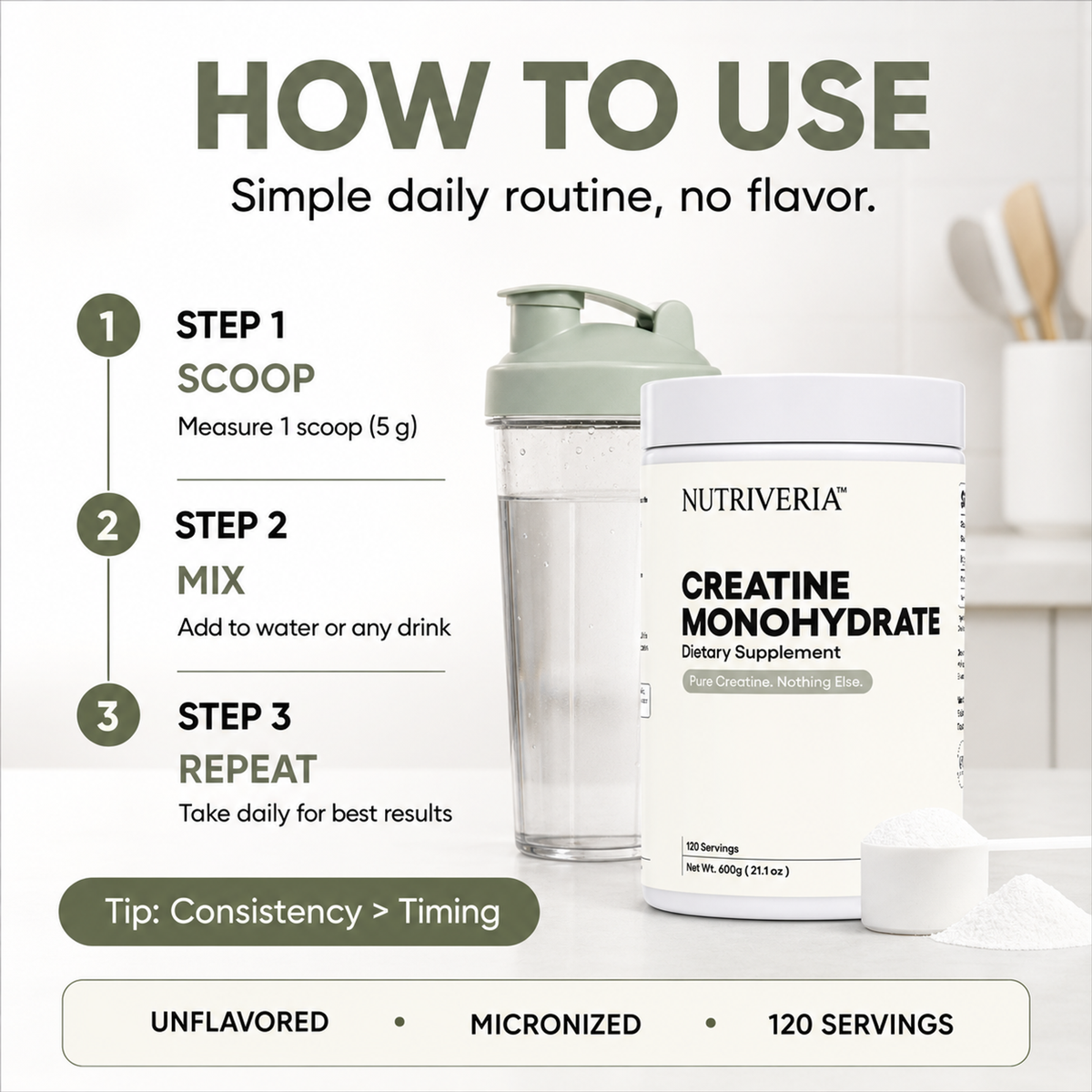 Micronized Creatine Monohydrate Powder Unflavored 600g, 120 Servings, 5g Per Serving, Third-Party Tested, No Fillers, Vegan, Clean Performance & Recovery Support