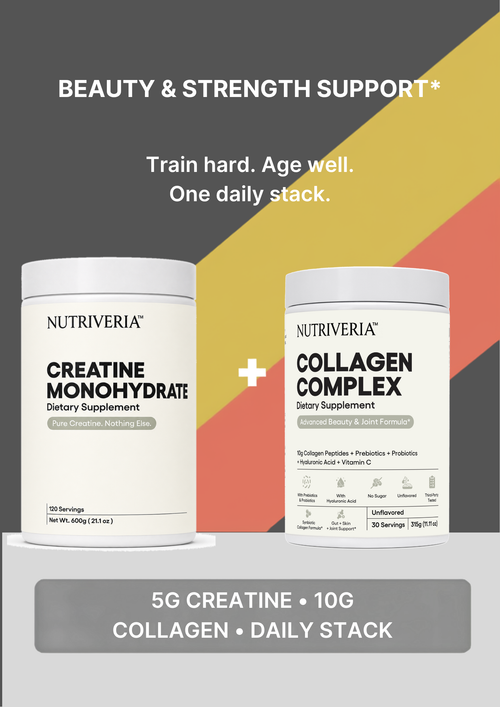 Two white Nutriveria supplement containers on a dark gray background with diagonal yellow and orange stripes. The left container is labeled Creatine Monohydrate, and the right container is labeled Collagen Complex.