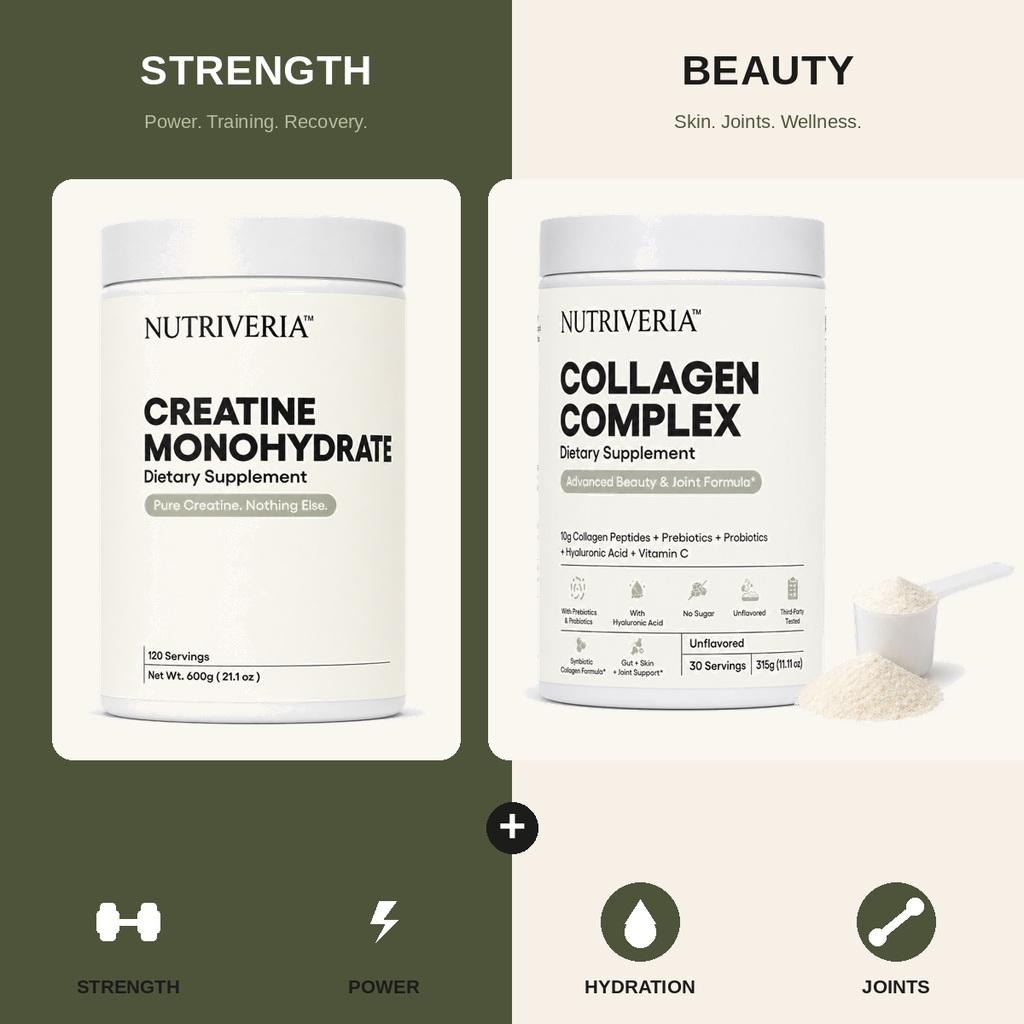 Two white Nutriveria supplement containers on a split dark olive and cream background. Left container: Creatine Monohydrate labeled for strength/power.