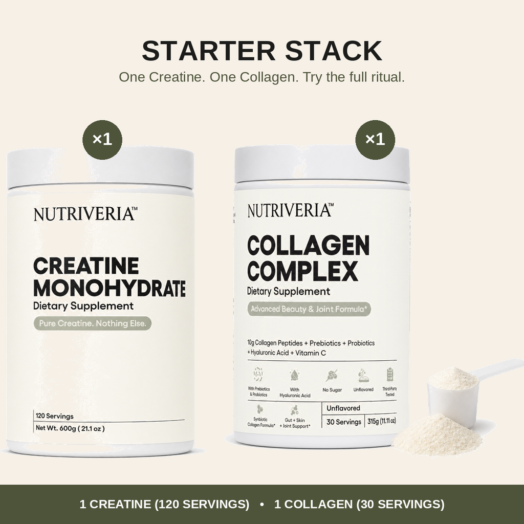 Two white Nutriveria supplement containers on a light beige background: Creatine Monohydrate and Collagen Complex, with text reading 'Starter Stack' and a small scoop of powder shown at lower right.