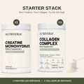Two white Nutriveria supplement containers on a light beige background: Creatine Monohydrate and Collagen Complex, with text reading 'Starter Stack' and a small scoop of powder shown at lower right.