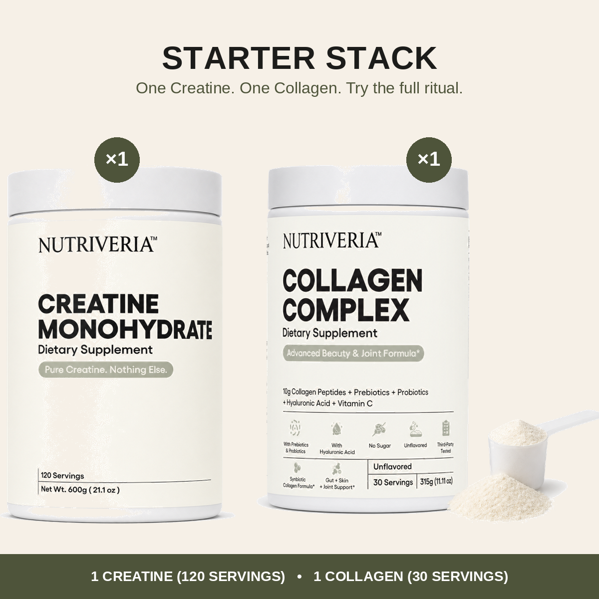 Two white Nutriveria supplement containers on a light beige background: Creatine Monohydrate and Collagen Complex, with text reading 'Starter Stack' and a small scoop of powder shown at lower right.